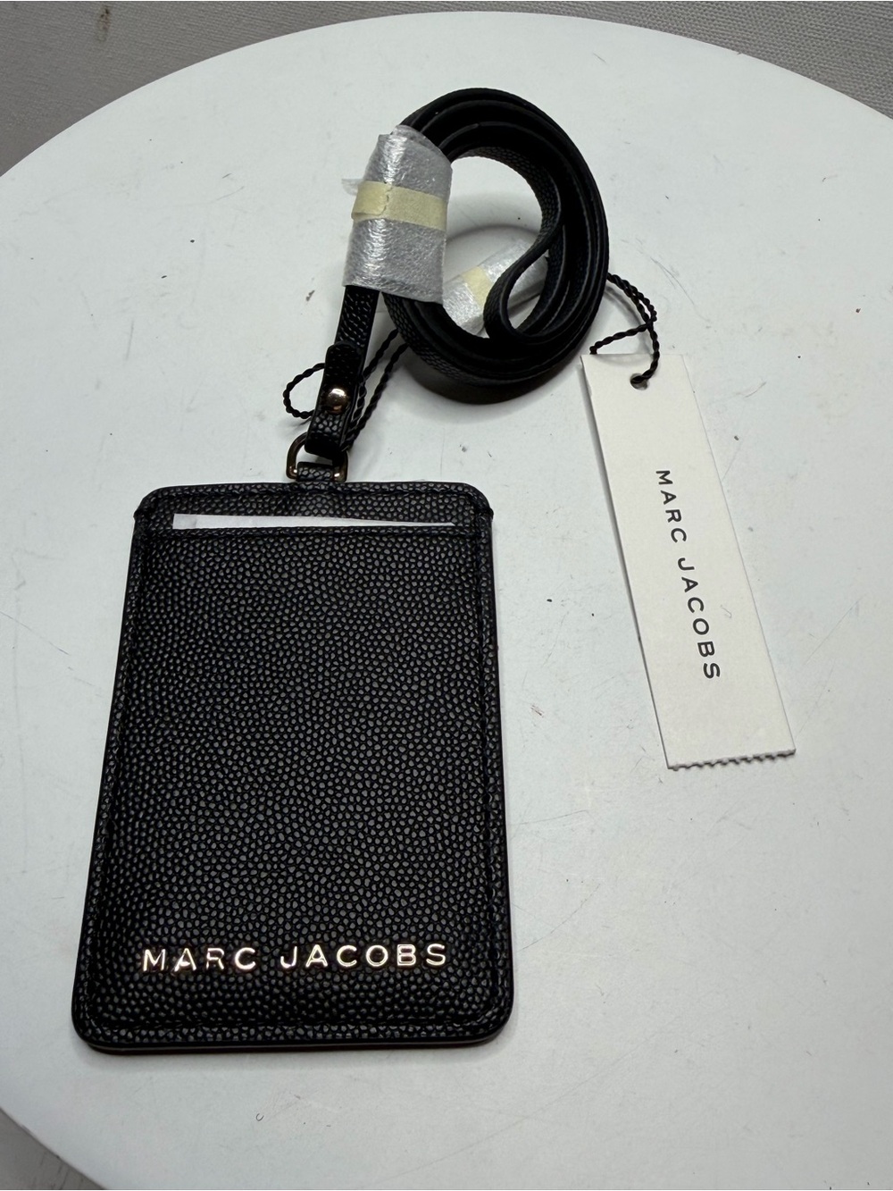 Marc Jacobs Black Pebbled Leather Lanyard Card Holder with Gold Logo